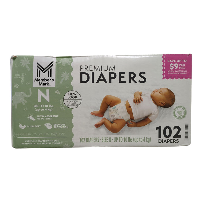 Member's Mark Premium Diapers, Hypoallergenic, Newborn (Up to 10lbs), 102ct