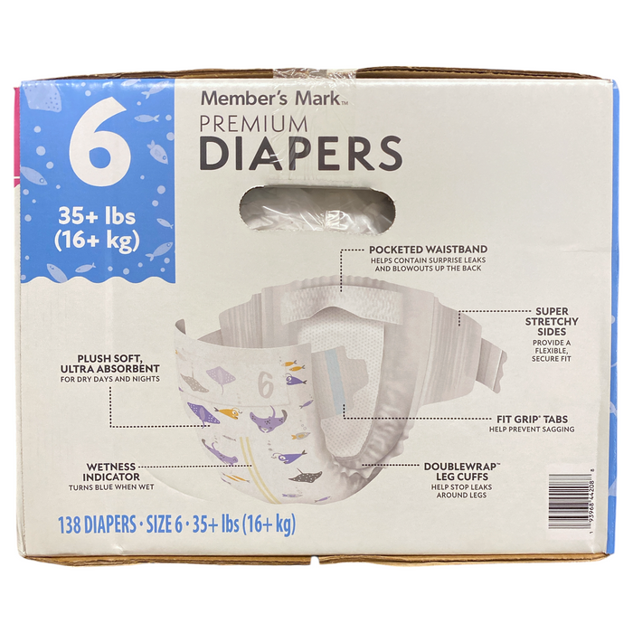 Member's Mark Premium Diapers, Hypoallergenic, Size 6 (35+ lbs.), 138ct