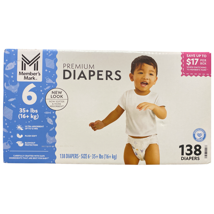 Member's Mark Premium Diapers, Hypoallergenic, Size 6 (35+ lbs.), 138ct