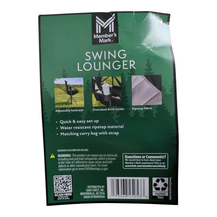 Member's Mark Swing Chair Lounger, 300lb Cap, Black