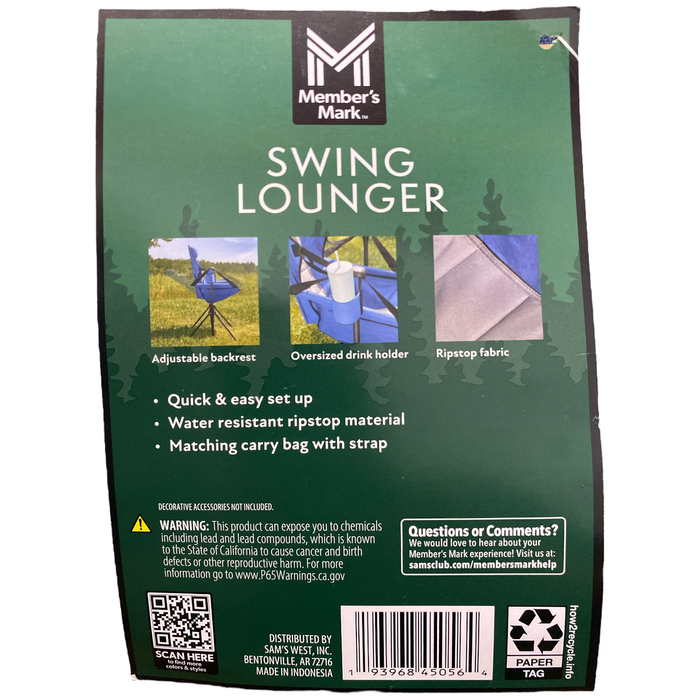 Member's Mark Swing Chair Lounger, 300lb Cap, Cool Periwinkle