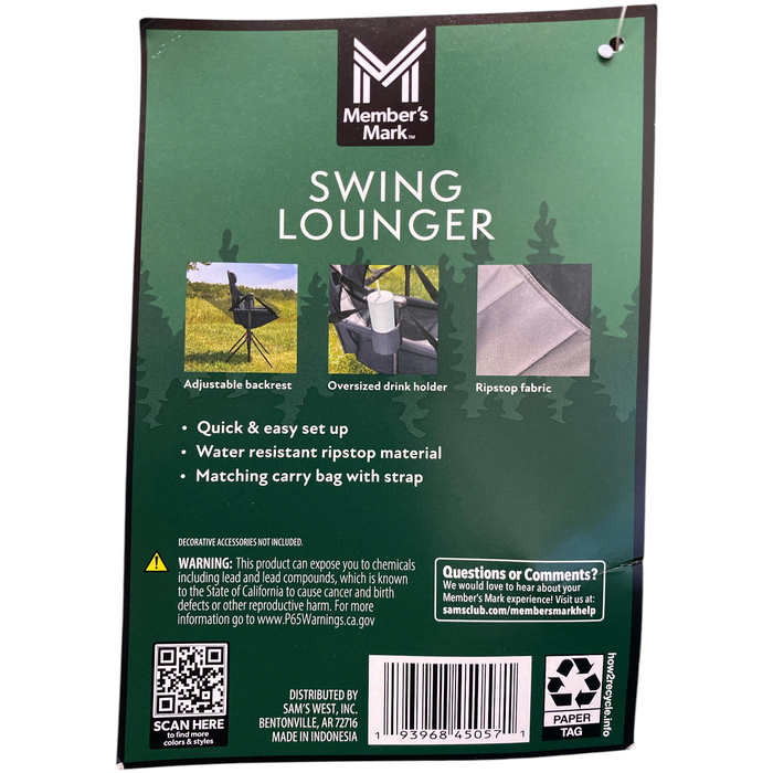 Member's Mark Swing Chair Lounger, 300lb Cap, 37.8" x 27.2" x 44.1", Dark Grey