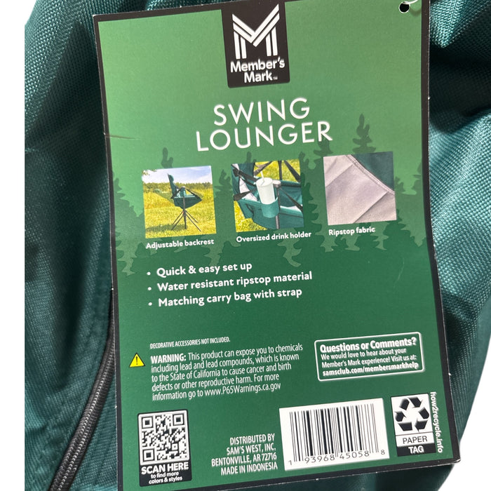 Member's Mark Swing Chair Lounger, 300lb Capacity, 37.8" x 27.2" x 44.1", Green