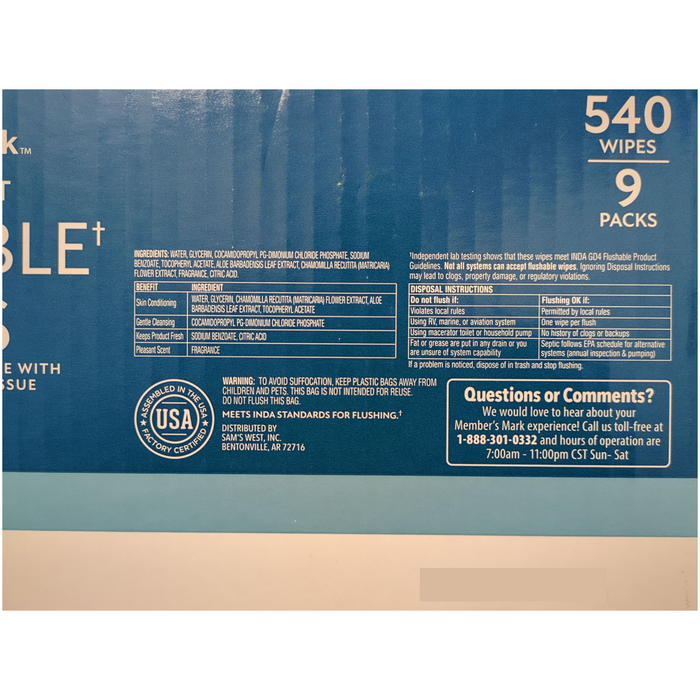 Member's Mark Flushable Wipes, Fresh Scent, 540 ct