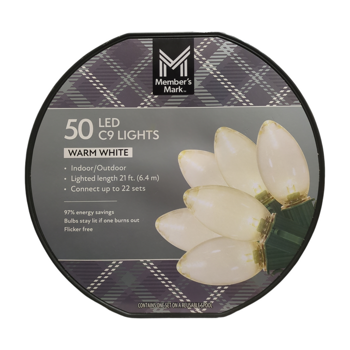 Member's Mark LED C9 Indoor/Outdoor Lights, Warm White, 50 Count, 21'
