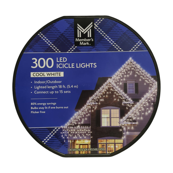 Member's Mark LED Icicle Lights, 300ct, 18' Lighted Length, Cool White