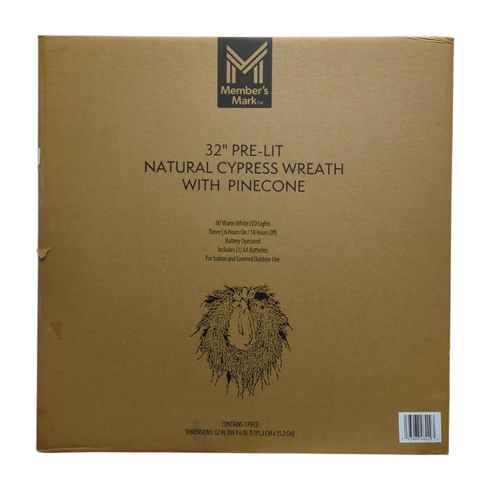 Member's Mark 32" Pre-Lit Cypress Wreath with Pinecones