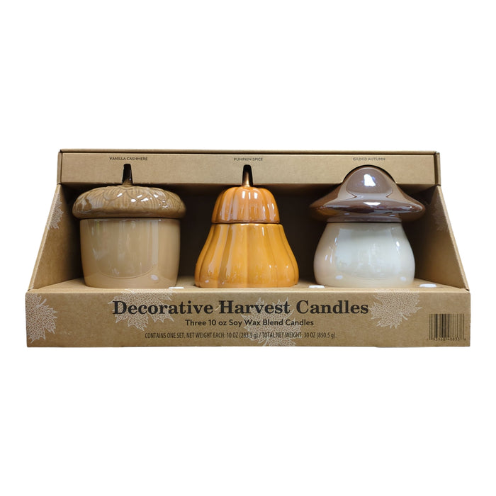 Decorative Ceramic 10 oz. Harvest Candles, Acorn/Gourd/Mushroom, 3pk