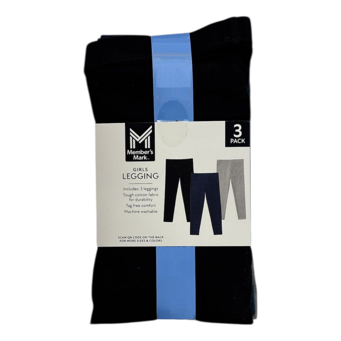 Member's Mark Girls 3-Pack Elastic Waistband Soft Cotton/Spandex Leggings