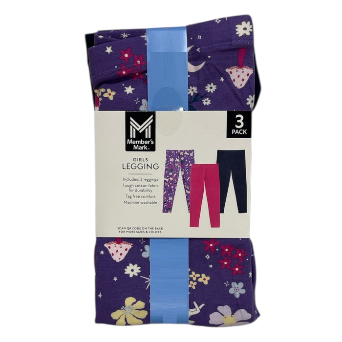 Member's Mark Girls 3-Pack Elastic Waistband Soft Cotton/Spandex Leggings