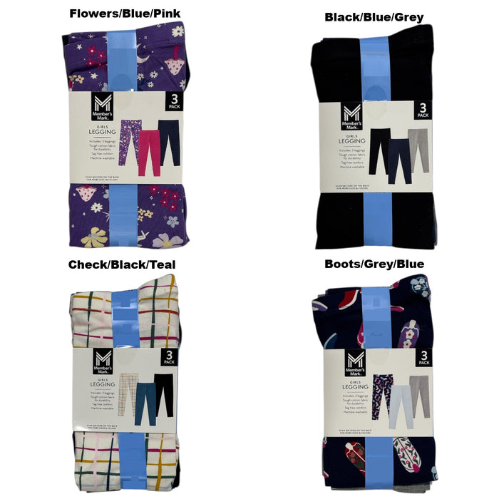 Member's Mark Girls 3-Pack Elastic Waistband Soft Cotton/Spandex Leggings