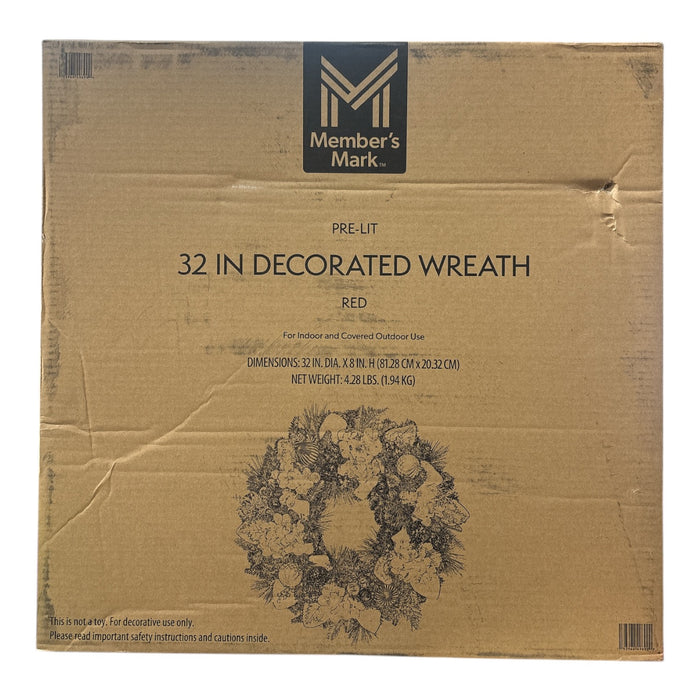 Member's Mark Pre-Lit 72 Warm White LED Bulbs 32 Inch Decorated Holiday Wreath