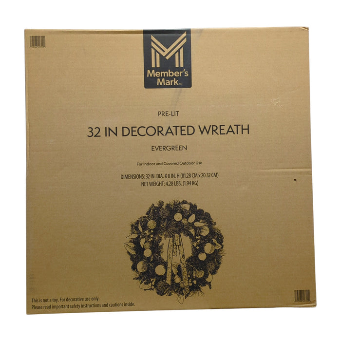 Member's Mark 70 LED Pre-Lit Decorated Evergreen Wreath, 32"
