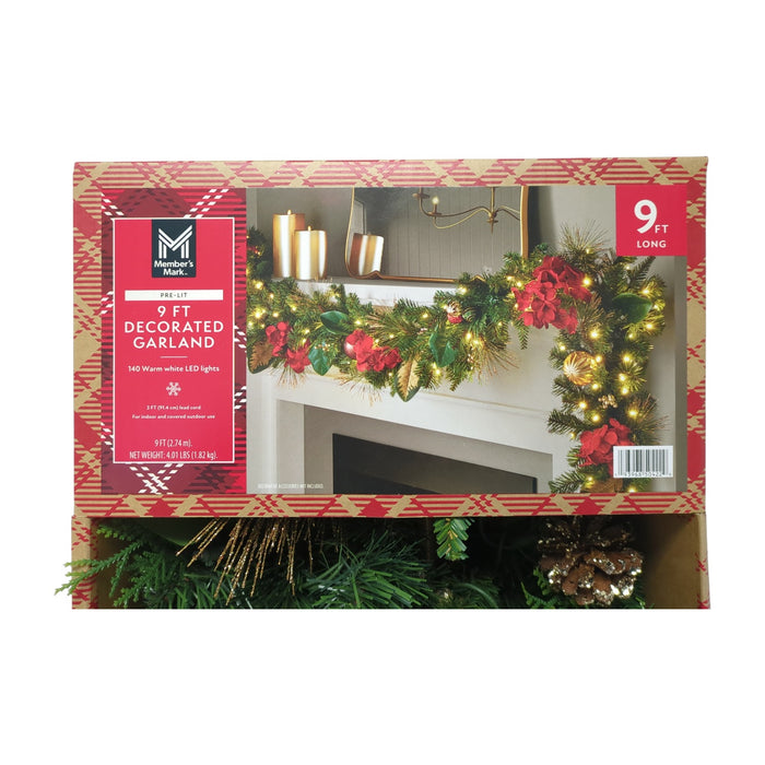 Member's Mark 140 Warm White LED Pre Lit Decorated Garland, 9', Red