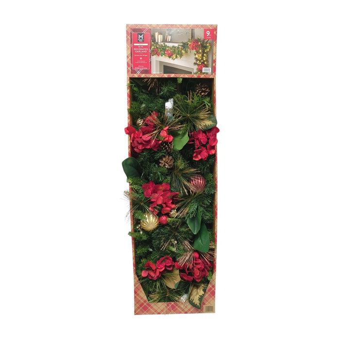 Member's Mark 140 Warm White LED Pre Lit Decorated Garland, 9', Red