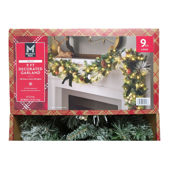 Member's Mark 140 Warm White LED Pre-Lit Decorated & Flocked Garland, 9 Foot