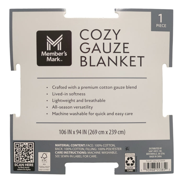 Member's Mark Cozy Lightweight & Breathable Gauze Blanket, 106" x 94"