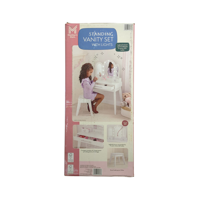 Member's Mark Vanity Set with Lights & Stool, Three Panel Mirror, White