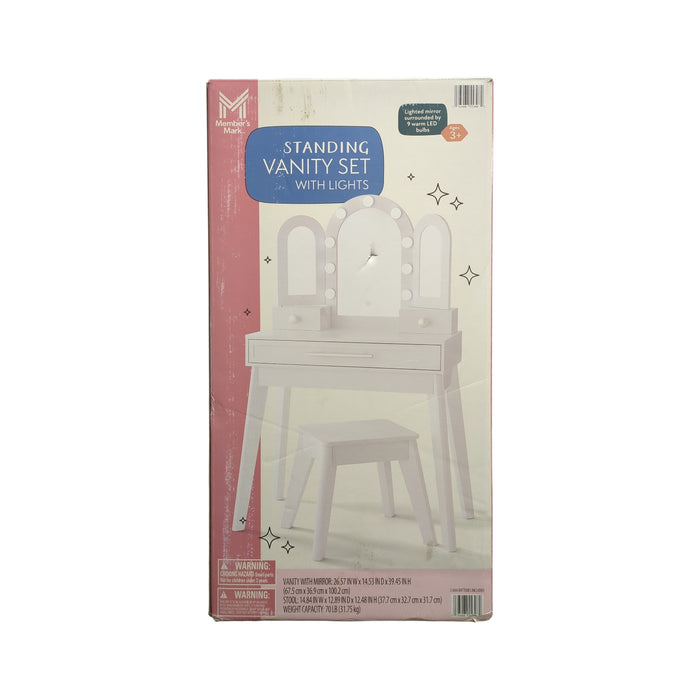 Member's Mark Vanity Set with Lights & Stool, Three Panel Mirror, White