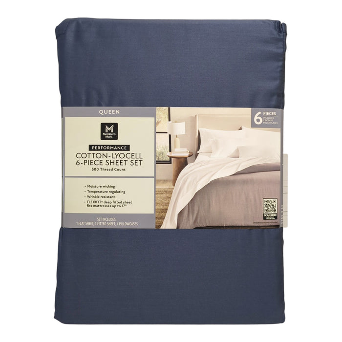 Member's Mark Performance Cotton-Lyocell Sheet Set, 500TC, 6 Piece, Queen