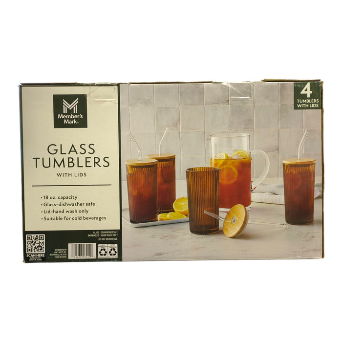 Member's Mark 18oz Glass Tumblers with Lids & Glass Straws, 4pk
