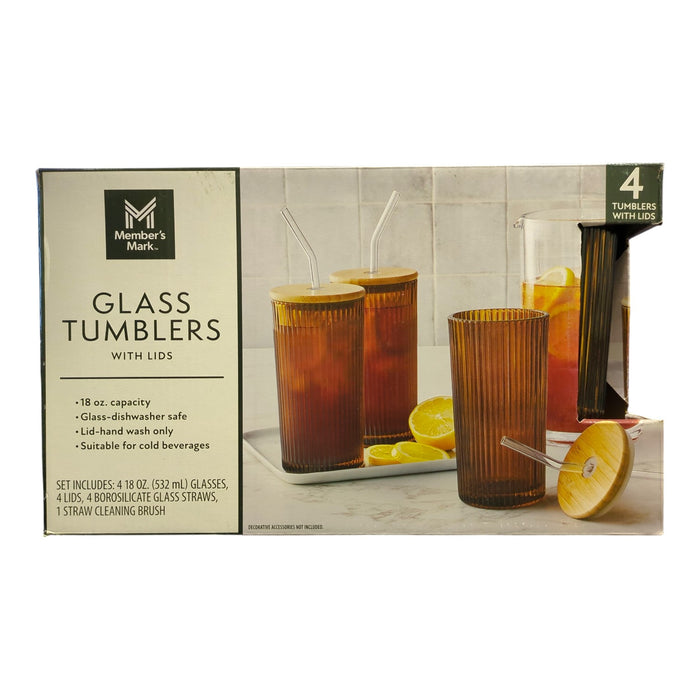 Member's Mark 18oz Glass Tumblers with Lids & Glass Straws, 4pk