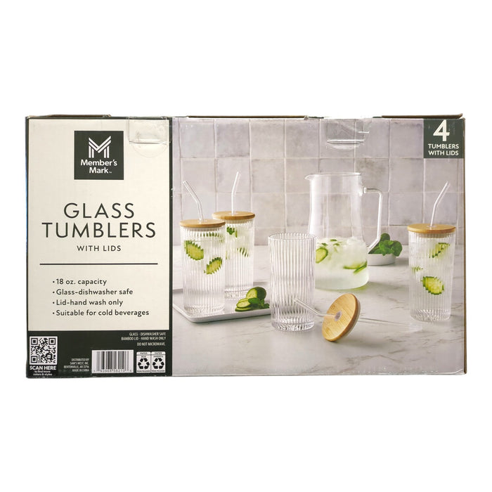 Member's Mark 18oz Glass Tumblers with Lids & Glass Straws, 4pk