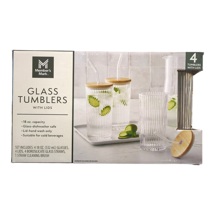 Member's Mark 18oz Glass Tumblers with Lids & Glass Straws, 4pk