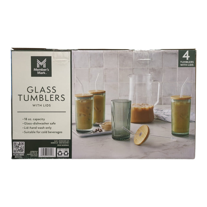 Member's Mark 18oz Glass Tumblers with Lids & Glass Straws, 4pk