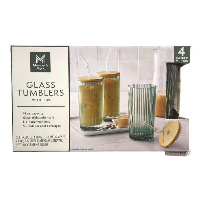 Member's Mark 18oz Glass Tumblers with Lids & Glass Straws, 4pk
