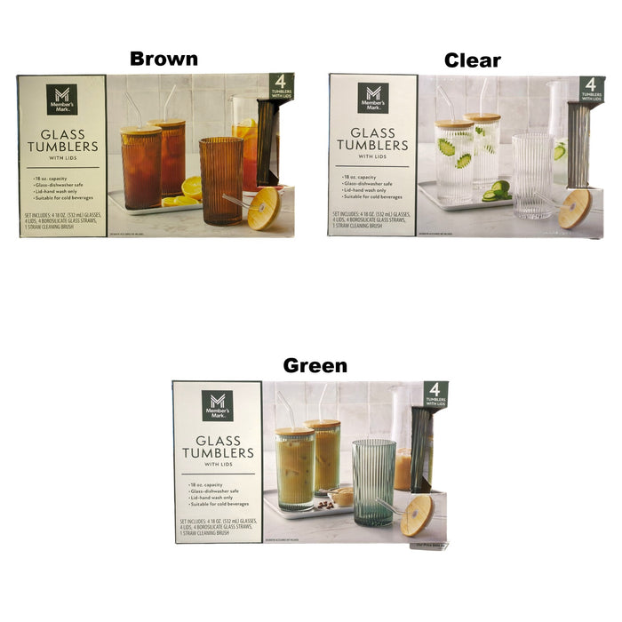 Member's Mark 18oz Glass Tumblers with Lids & Glass Straws, 4pk