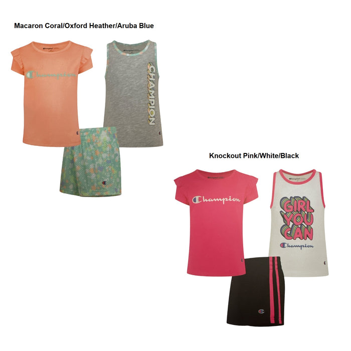 Champion Girl's 3 Piece Polyester Tee, Cotton Tank & Short Set