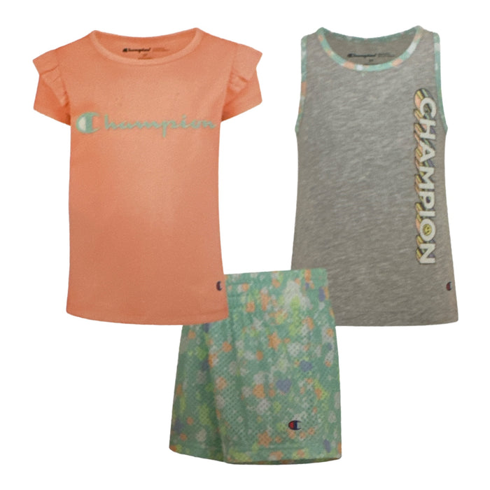 Champion Girl's 3 Piece Polyester Tee, Cotton Tank & Short Set