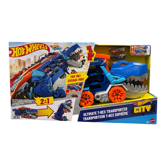 Hot Wheels City Toy Car Track Set, Ultimate T-Rex Transporter, Dinosaur Hauler