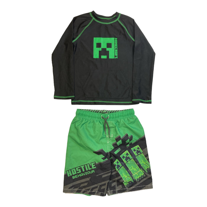 MINECRAFT Boys Swimwear Bottoms and Rash Guard Shirt Creeper Two Piece Set