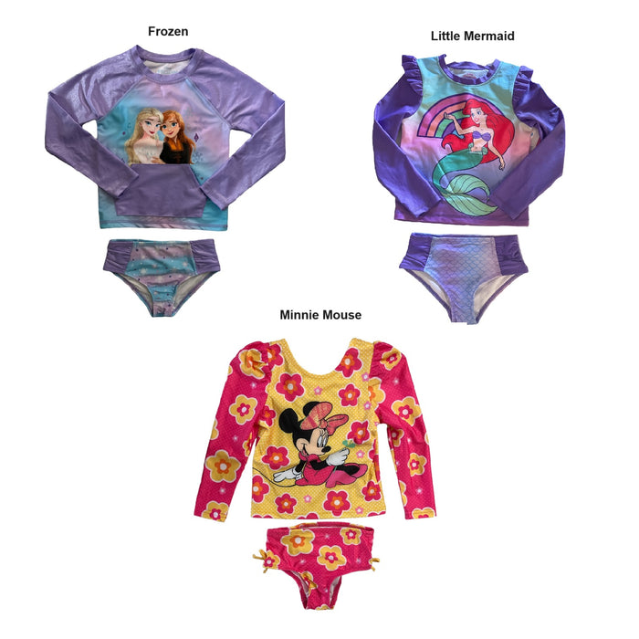 Disney Girl's 2 Piece Long Sleeve Rash Guard & Brief Bottom Swim Set