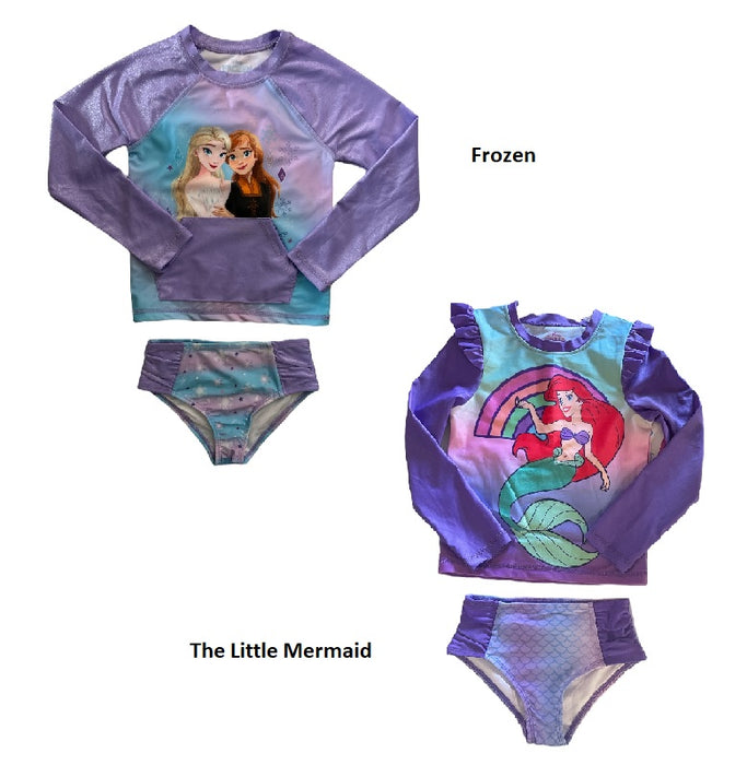 Disney Girl's 2 Piece Long Sleeve Rash Guard & Brief Bottom Swim Set