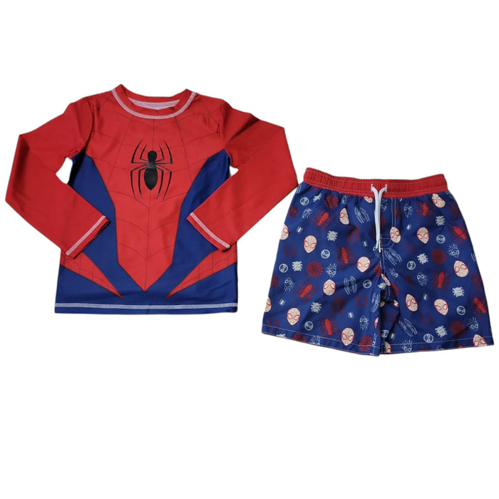 Spiderman Boy's 2 Piece UPF+ 50 Long Sleeve Rash Guard and Swim Trunk Set