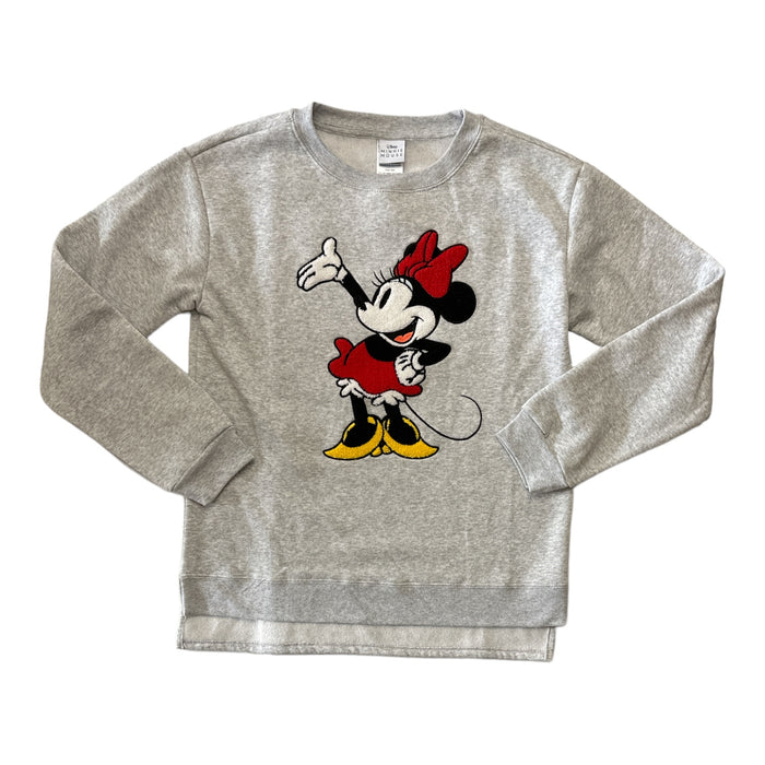 Disney Minnie Mouse Women's Crewneck Fleece Lined Chenille Patch Print Sweatshirt