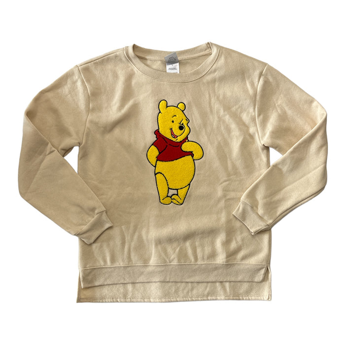 Disney Winnie The Pooh Women's Crewneck Fleece Lined Chenille Patch Print Sweatshirt