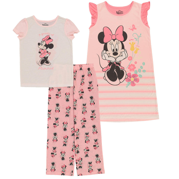 Disney Minnie Mouse Girl's 3 Piece Short Sleeve Polyester Pajama Set