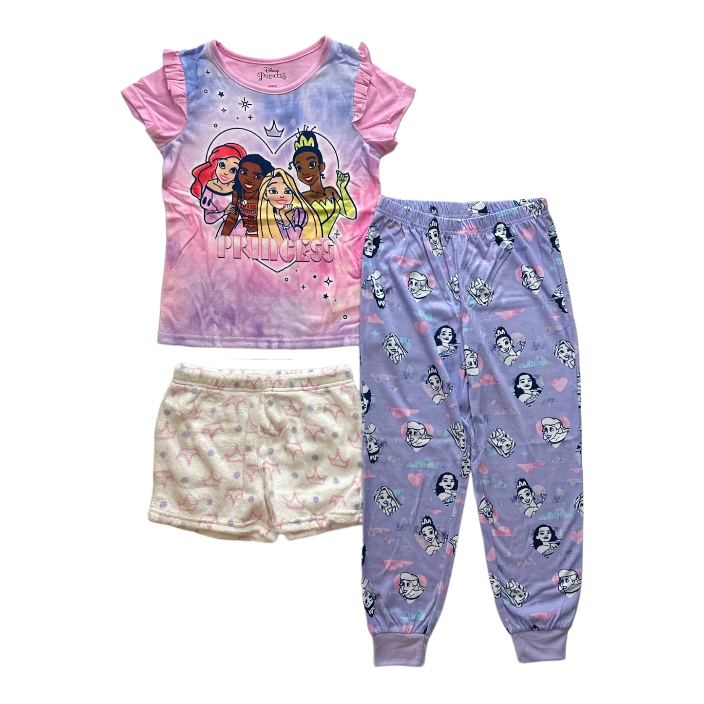 Disney Girl's Princess 3- Piece Short & Pant Jersey Pajama Set