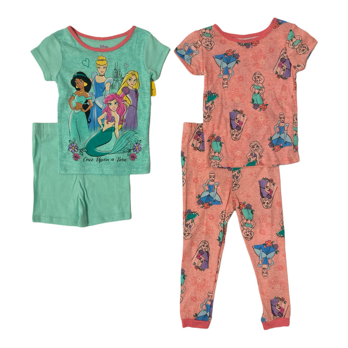 Disney Girls Princess 4 Piece Short Sleeve Cotton Pajama Set