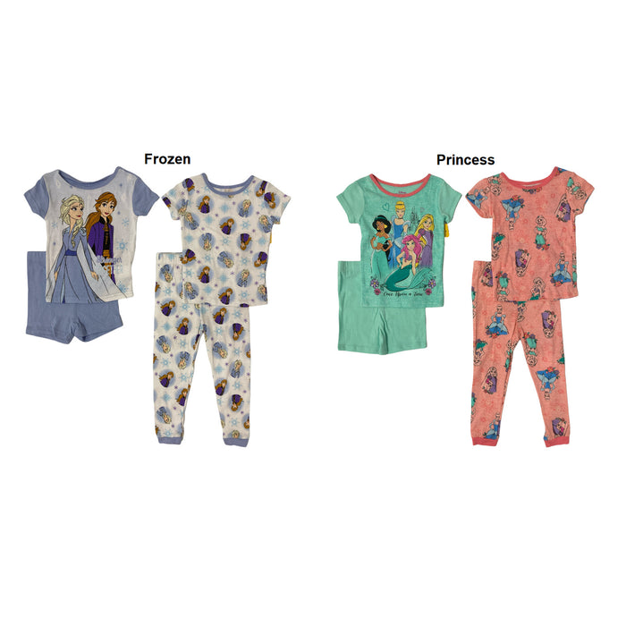 Disney Girls Princess 4 Piece Short Sleeve Cotton Pajama Set