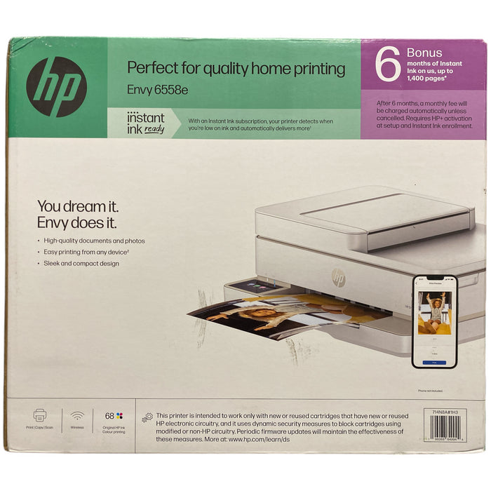 HP Envy 6558e Wireless All-in-One Color Photo Inkjet Printer, White