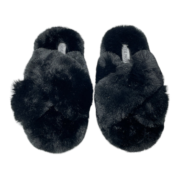 Steve Madden Ladies Faux Fur Fluffy Criss Cross Slip On Slippers