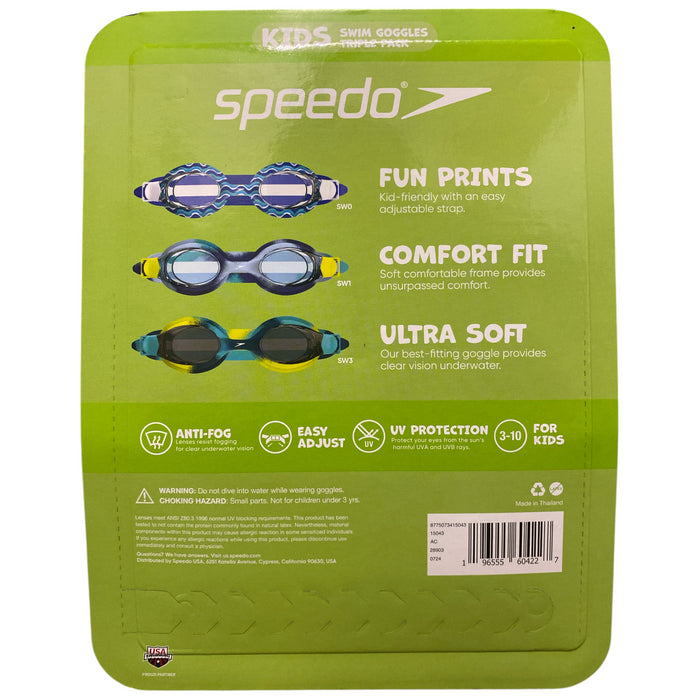 Speedo Kids Anti-Fog Ultra Soft Comfort Fit Swimming Goggles, Blue/Green, 3pk