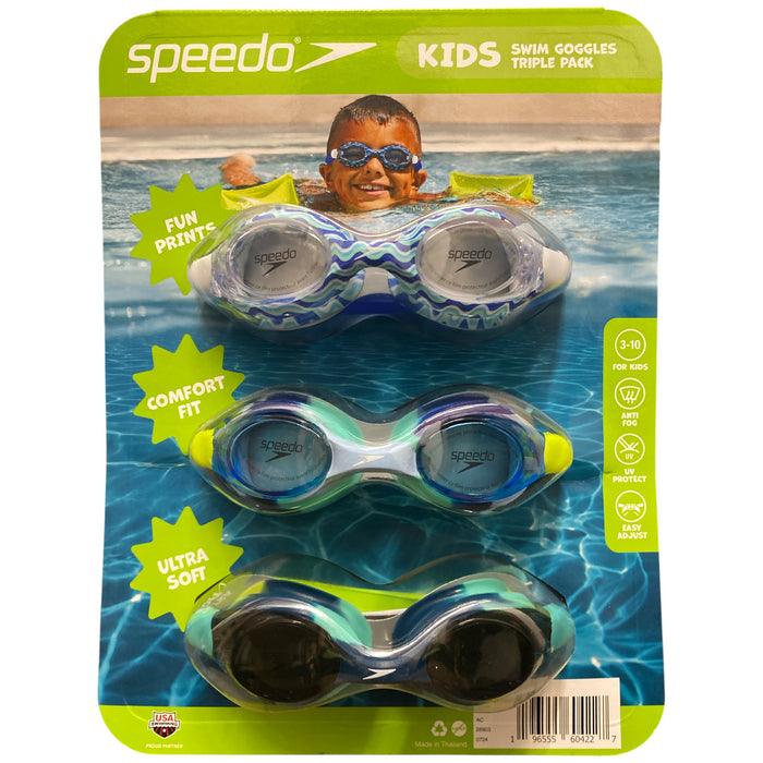 Speedo Kids Anti-Fog Ultra Soft Comfort Fit Swimming Goggles, Blue/Green, 3pk