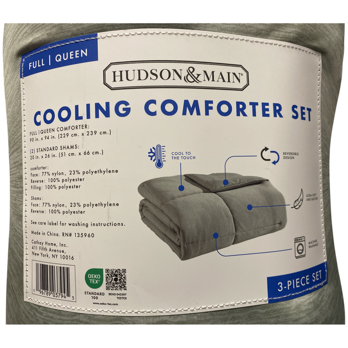 Hudson & Main 3-Piece Cooling Reversible Comforter Set, Full/Queen