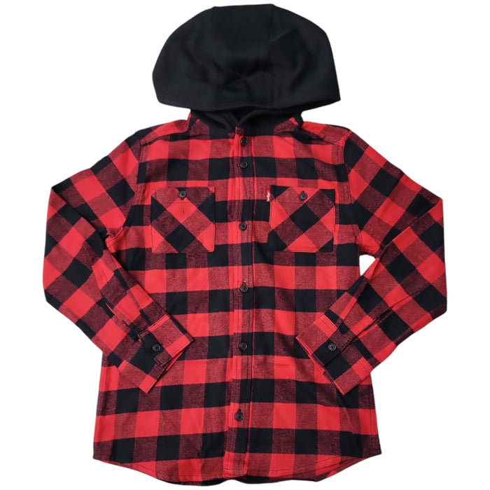 Levi's Boys Buttons Pockets Warm Flannel Jersey Hooded Shirt